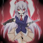  1girl animal_ears bad_id daijuuji_kuzaku demonbane dual_wielding female gradient gradient_background gun hands_on_hips long_hair parody purple_hair rabbit_ears reisen_udongein_inaba reku skirt solo touhou weapon 