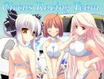  3girls bikini breast_squeeze breasts brown_hair da_capo da_capo_ii drill_hair hanasaki_akane mitsumomo_mamu multiple_girls pink_hair racequeen swimsuit tsukishima_koko white_hair yaegashi_nan yukimura_anzu 