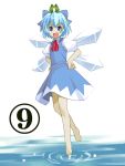  (9) 1girl barefoot blue_eyes blue_hair bow cirno feet female flying frog hands_on_hips object_on_head phantasmagoria_of_flower_view smile solo touhou umekichi water wings 