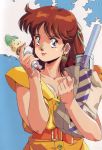  1girl 80s anice_farm brown_hair chouon_senshi_borgman food half_updo highres ice_cream oldschool solo 