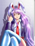  1girl animal_ears female legs_crossed long_hair nyagoro purple_hair rabbit_ears red_eyes reisen_udongein_inaba sitting skirt solo thigh-highs touhou very_long_hair white_legwear 