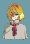  1girl alice_margatroid blonde_hair blue_background blue_eyes eyepatch female hair_intakes looking_at_viewer mugishima_orie necktie red_necktie shaded_face short_hair simple_background solo touhou upper_body 