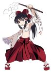  1girl black_eyes black_hair bushidou_(sekaiju) detached_sleeves female flx gohei hakurei_reimu japanese_clothes lowres miko ofuda parody ribbon sarashi sekaiju_no_meikyuu solo touhou 