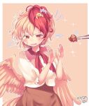  1girl animal_on_head bird bird_on_head bird_tail bird_wings blonde_hair border brown_dress chick dress feathered_wings highres kemo_chiharu multicolored_hair niwatari_kutaka on_head open_mouth orange_wings puffy_short_sleeves puffy_sleeves red_eyes redhead shirt short_sleeves solo tail tail_feathers touhou two-tone_hair white_border white_shirt wings yellow_wings 