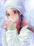  1girl bad_id beanie breath brown_eyes brown_hair can hands hat original scarf shounen_democratica snow snowflakes solo twintails 