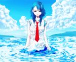  blue_eyes blue_hair clouds necktie short_hair water wet wet_clothes 