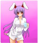  1girl animal_ears bad_id bespectacled blush cup dress_shirt female glasses long_hair open_clothes open_shirt panties purple_hair rabbit_ears red_eyes reisen_udongein_inaba shirt solo touhou underwear yuuki_(ashitahare) 