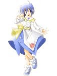  1girl :d bare_legs blue_eyes blue_hair dress full_body long_sleeves loo open_mouth shoes simple_background smile solo standing suka ukagaka white_background white_dress 