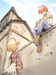  1boy 1girl ahoge back belt_pouch blacksmith blacksmith_(ragnarok_online) blonde_hair blue_pants blue_sky blush boots brick_wall building clock clock_tower clouds eye_contact from_below gloves hairband long_sleeves looking_at_another merchant merchant_(ragnarok_online) outdoors pants ragnarok_online red_eyes redhead shirt skirt sky sleeves_folded_up sleeves_rolled_up suka tower wall white_shirt 