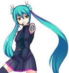  1girl amputee android gin_(ginshari) green_hair hatsune_miku long_hair necktie red_eyes solo thigh-highs twintails vocaloid 