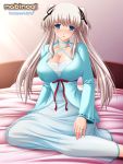  1girl adult bed blue_eyes blush breasts cleavage huge_breasts jewelry kafu long_hair mabinogi nao_(mabinogi) ring silver_hair solo twintails 