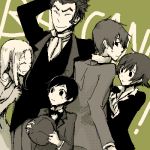  2girls 3boys :o ^_^ age_difference baccano! closed_eyes czeslaw_meyer ennis firo_prochainezo formal green green_background height_difference isaac_dian long_sleeves lowres miria_harvent monochrome multiple_boys multiple_girls oekaki parted_lips short_hair sidelocks simple_background suit surprised upper_body wide-eyed 