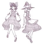  2girls apron ascot bow detached_sleeves female hair_bow hair_ribbon hair_tubes hakurei_reimu hat hat_bow kannari kirisame_marisa mary_janes midriff monochrome multiple_girls purple ribbon shoes short_hair sketch skirt skirt_set touhou witch witch_hat 