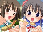  2girls blue_eyes blush brown_eyes brown_hair chopsticks eating food game_cg holding holding_spoon jinno_hikari kuuchuu_yousai makai_tenshi_djibril makai_tenshi_djibril_2 manabe_rika multiple_girls pov pov_feeding school_uniform serafuku spoon 