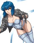  1girl belt blue_hair breasts cleavage fingerless_gloves ghost_in_the_shell ghost_in_the_shell_stand_alone_complex gloves highleg highleg_leotard jacket kusanagi_motoko leotard lips lowres matoyama oekaki open_clothes open_jacket red_eyes short_hair solo thigh-highs 