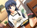  1girl black_hair blue_eyes food game_cg kaneda_haruka long_hair nishizaki_eimu restaurant solo spoon table tokyo_fuusa violet_eyes 