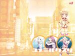  3girls backpack bag blonde_hair blue_eyes blush bow bowtie cat_sidhe_nekoko cat_tail city haimura_kiyotaka hairband hat kirimiya_mizuki leg_hug long_hair midriff multiple_girls navel pink_eyes polka_dot purple_hair randoseru shiraki_aeka shoes short_hair sitting skirt smile sneakers striped striped_legwear sweater sweater_vest tail thigh-highs turtleneck violet_eyes wallpaper white_hair yume_miru_kusuri zettai_ryouiki 