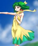  1girl ahoge bangs bare_shoulders blush breasts cropped_legs dress female green_hair long_hair looking_to_the_side macross macross_frontier music open_mouth outstretched_arm ranka_lee red_eyes rikumoto_yoshiyuki scarf singing sleeveless sleeveless_dress small_breasts solo twintails yellow_dress 