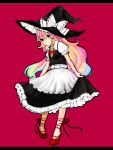  1girl ankle_lace-up bad_id blonde_hair blue_hair braid cross-laced_footwear female hat kirisame_marisa letterboxed long_hair multicolored_hair pigeon-toed pink_hair red_background ribbon side_braid simple_background smile solo tan_(tangent) ted_(artist) touhou witch witch_hat 