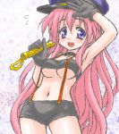  1girl armpits breasts cosplay endou_aya gloves hat large_breasts lowres lucky_star macross macross_frontier midriff oekaki peaked_cap peter_(artist) pink_hair seiyuu_connection sheryl_nome sheryl_nome_(cosplay) shorts solo suspenders takara_miyuki under_boob violet_eyes 