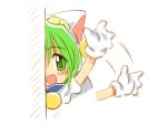  1girl :d afterimage bell blush brooch dejiko di_gi_charat gem green_eyes green_hair hand_wave jewelry jingle_bell looking_at_viewer lowres motion_lines open_mouth shirt shoes short_sleeves smile solo suka waving white_shirt 