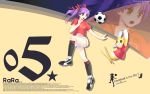  1girl ball clothes_writing dlsite.com highres original purple_hair rara_(you_haruka) red_eyes shorts soccer soccer_ball sport telstar wallpaper wikipedia you_haruka ziptan 