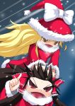  2girls black_hair blonde_hair christmas female hakurei_reimu hat kirisame_marisa multiple_girls perfect_cherry_blossom raiden_(artist) raiden_(raiden_labo) red_eyes ribbon santa_costume santa_hat snow touhou yellow_eyes 