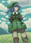  3105 backpack bag biry2_(pixiv3105) blue_hair female field gloves grass hat kawashiro_nitori randoseru short_hair touhou uniform 