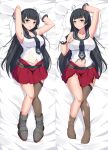  1girl absurdres agano_(kancolle) anchor_symbol asymmetrical_legwear belt black_belt black_hair black_legwear black_necktie breasts commission dakimakura_(medium) english_commentary gloves highres kantai_collection large_breasts long_hair miniskirt navel necktie pillow pixiv_request pleated_skirt red_skirt school_uniform serafuku sheita shirt single_thighhigh skirt sleeveless sleeveless_shirt thigh-highs torn_clothes torn_legwear torn_shirt torn_skirt uneven_legwear violet_eyes white_gloves 