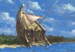  adiyos beach blue_sky boat clouds dock ocean palm_tree ruins sail scenery ship shipwreck sky tree water watercraft 