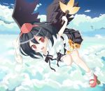  1girl bad_id black_hair black_wings clouds fan female flying geta hat looking_at_viewer omiso omiso_(omiso) open_mouth red_eyes shameimaru_aya short_hair sky smile solo tengu-geta touhou wings 