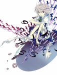  1girl between_fingers braid clock danmaku female gears hair_ribbon izayoi_sakuya knife maid ribbon silver_hair solo sugi throwing_knife touhou violet_eyes weapon 