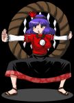1girl breasts brown_eyes female hair_ornament huge_breasts leaf_hair_ornament long_skirt outstretched_arms poinikusu purple_hair rope shide shimenawa short_hair skirt solo spread_arms spread_legs touhou yasaka_kanako