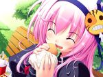  bench blush closed_eyes eating food hair_ornament hairband hamburger mcdonald&#039;s pink_hair 