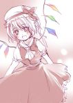  1girl blush female flandre_scarlet hat mathnote monochrome pink smile solo spot_color touhou wings 