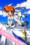  1girl fingerless_gloves gloves hits jacket jacket_over_shoulder lyrical_nanoha magical_girl mahou_shoujo_lyrical_nanoha mahou_shoujo_lyrical_nanoha_a&#039;s mahou_shoujo_lyrical_nanoha_strikers raising_heart redhead solo takamachi_nanoha thank_you twintails violet_eyes 