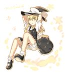  1girl :o arms_behind_head bad_id blonde_hair bloomers braid female hair_ribbon hat kirisame_marisa long_hair looking_down megata ribbon simple_background sitting solo touhou underwear witch witch_hat yellow_eyes 