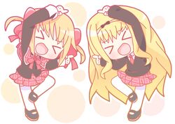  &gt;_&lt; 2girls bala_balance chibi child closed_eyes fusion_dance mashiro_rima mirai_(sugar) multiple_girls pantyhose parody shugo_chara! thigh-highs white_legwear yuiki_yaya 