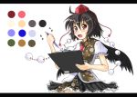  1girl bad_id black_hair black_wings book clipboard female hat looking_at_viewer lululu0709 mechanical_pencil open_mouth pen pencil red_eyes rururu shameimaru_aya short_hair solo touhou wings 