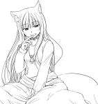  1girl animal_ears bangs finger_to_mouth holo lineart long_hair looking_at_viewer monochrome nekonote_(nekono_paraiso) sitting smile solo spice_and_wolf wolf_ears 