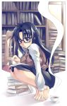  00s 1girl barefoot black_hair blue_eyes book breasts coffee cup feet glasses indoors large_breasts long_hair mikage_sekizai read_or_die solo squatting yomiko_readman 