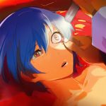  1girl arm ayanami_rei blue_hair collarbone examination eyes face flashlight lcl lips mebae neon_genesis_evangelion nude parted_lips red_eyes short_hair 