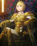  1girl absurdres armor blonde_hair blue_eyes crown flower highres original rose senko_doki short_hair sitting solo sword throne weapon 