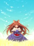  apple brown_hair domotolain dress food fruit holo long_hair red_eyes skirt skirt_basket skirt_carry smile spice_and_wolf tail wheat wolf_ears 