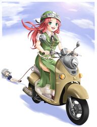  blush green_eyes hong_meiling izayoi_sakuya mochi.f motor_vehicle motorcycle panties red_hair redhead ribbon scooter touhou underwear vehicle 