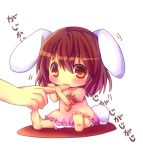  animal_ears baby barefoot biting bloomers blush brown_hair bunny_ears bunny_tail carrot chewing chibi chocolat_(momoiro_piano) dress feet finger_biting fingers hina_hina inaba_tewi short_hair simple_background soles solo tail toes touhou translated young 