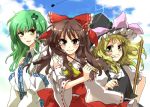  blonde_hair brown_eyes brown_hair green_eyes green_hair hakurei_reimu kirisame_marisa kochiya_sanae multiple_girls popoin touhou ufo 