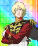  bad_id blue_eyes cape char_aznable crossed_arms gundam male mobile_suit_gundam peaceman rainbow_background red_comet short_hair solo uniform 