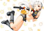  belt boots brown_eyes knee_boots sword weapon white_hair wink 