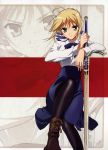  ahoge blonde_hair boots fate/stay_night fate_(series) fujii_maki green_eyes highres pantyhose saber sword weapon 
